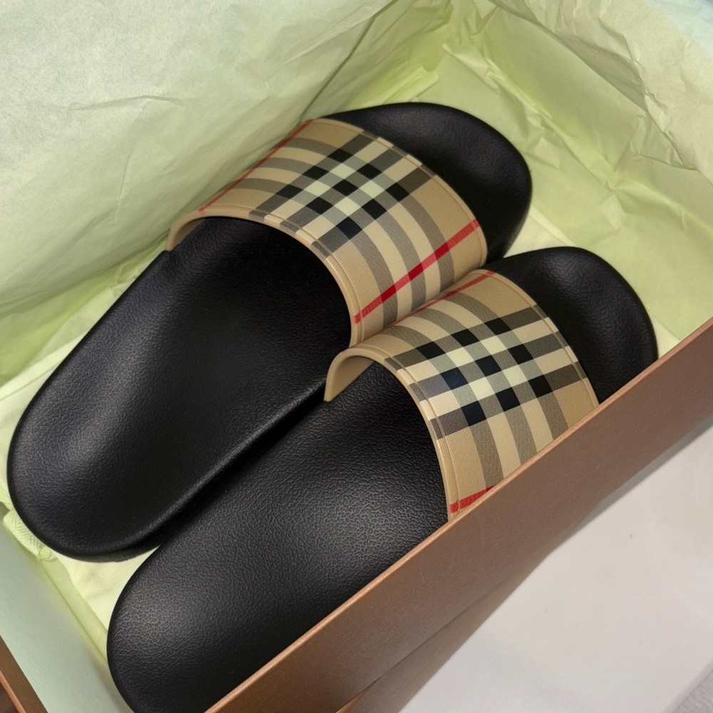 Burberry Beige and Black Check Slides